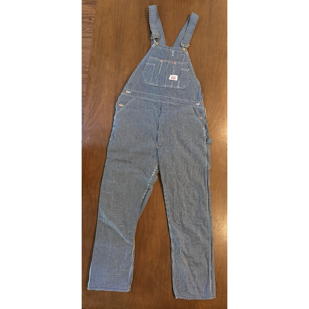 Round House Bib Overalls 38 X 32 Striped 100% Cotton Adjustable Straps